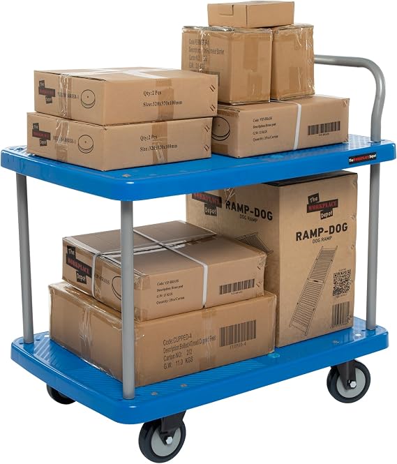 Plastic Platform Trolley, 2 Tier Blue Heavy Duty Cart on Wheels with Handle for Office & Industrial (930(H) x 900(W) x 590(D) mm)