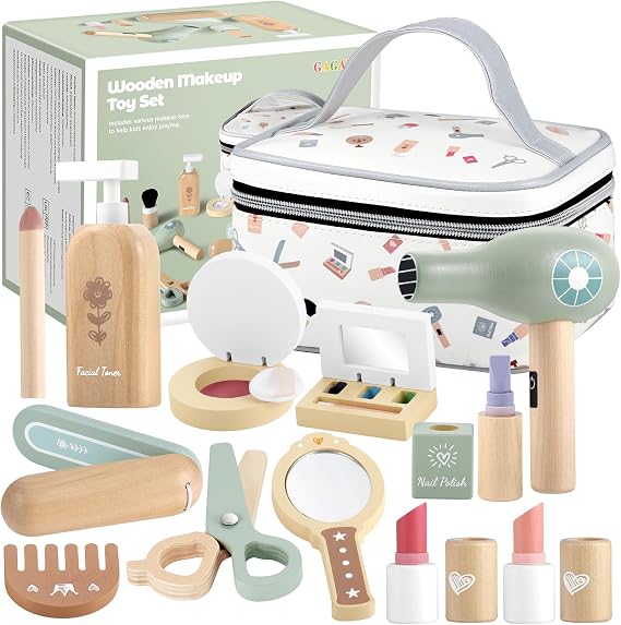 GAGAKU Wooden Makeup Toy Set for Toddlers 3-5 18-Piece Pretend Play Makeup Kit for Little Girls with Storage Bag, Realistic Lipstick & Mirror Safe, Non-Toxic Dress-Up Gift for Age 3-6