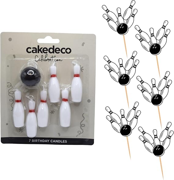 Oasis Supply 7pc Bowling Pins and Ball Candle Set Perfect for Bowling Cake Decorating Plus Added Cupcake Picks or Stickers