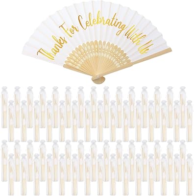 Tatuo 100 Pcs Wedding Party Favors Silk Foldable Hand Fans with Organza Bag Bridesmaid Gift with Thanks for Celebrating with Us Hand Fan for Wedding Party Bridal Gift Dancing PropsWhite