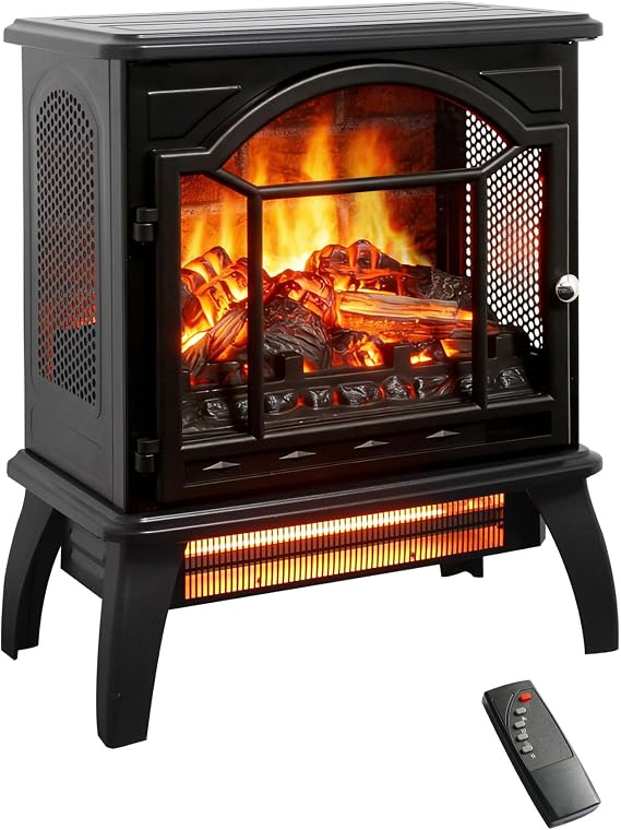 18" Electric Fireplace Stove, 1500W Freestanding Infrared Quartz Heater with 3D Realistic Flame, Remote & Timer, Adjustable Thermostat, Brightness, CSA Listed, Black