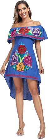 YZXDORWJ Women's Mexican Asymmetrical Dress Embroidered Floral Off-Shoulder Cocktail Latina Fiesta Dress