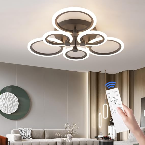 Modern 6 Rings Flush Mount Ceiling Light Fixture, Dimmable 3000K-6500K Black with Remote for Living Room, Bedroom, Dining Room, Office [Energy Class E]