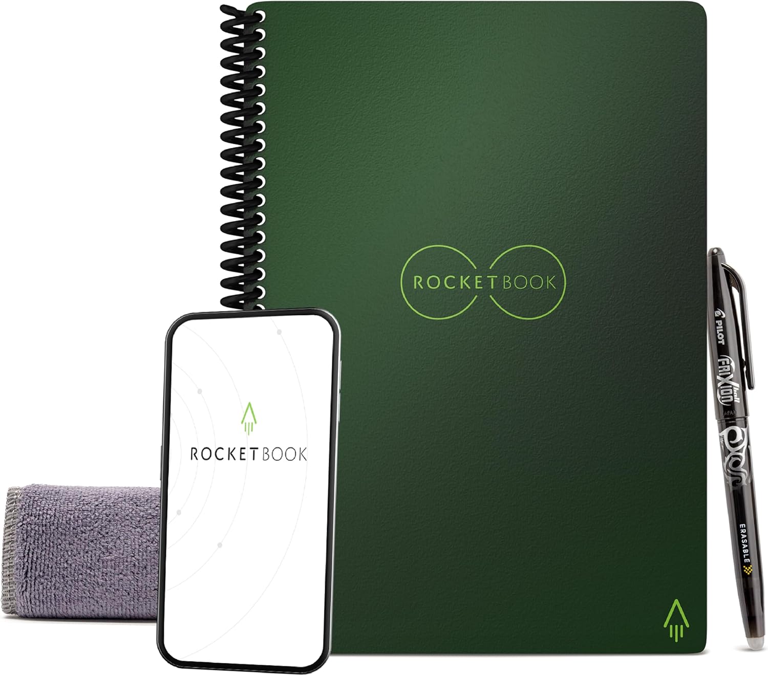 Rocketbook Smart Reusable Notebook - Dot Grid Eco-Friendly Notebook with 1 Pilot FriXion Pen and 1 Microfiber Cloth - Terrestrial Green Cover, Executive Size 6 x 8.8