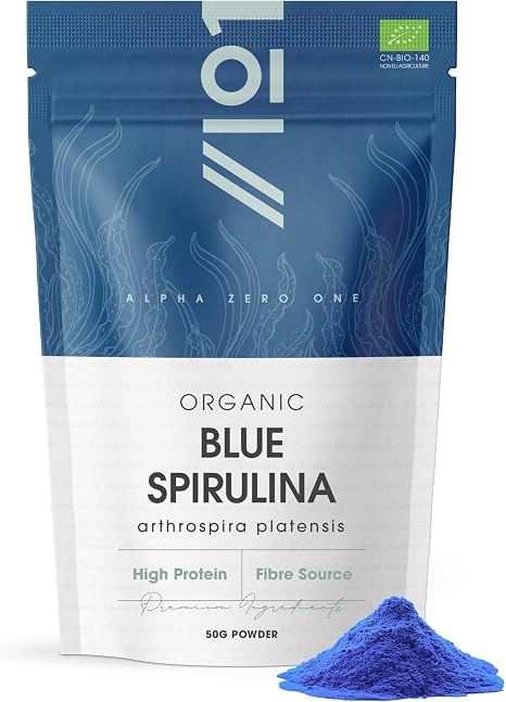 Bio Blaues Spirulina Pulver 50 g – 100 % natürliches Phycocyanin für Smoothies – Kräftige blaue Lebensmittelfarbe und Zutat – Reich an Protein – von Alpha01