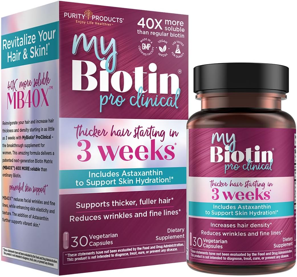 Purity Products MyBiotin ProClinical – Thicker Hair Starting in 3 Weeks & Fights Wrinkles - MB40X Patented Biotin Matrix wAstaxanthin - 40X More Soluble vs Ordinary Biotin 30 Veg Cap