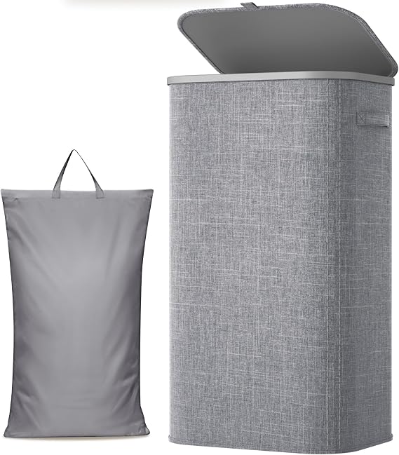 Lifewit 105L Large Laundry Basket with Lid, Laundry Hamper with Plastic Handles and Removable Bag, Foldable Tall Dirty Clothes Hampers for Laundry for Laundry Room, Bedroom, Bathroom, Dorm, Light Gray