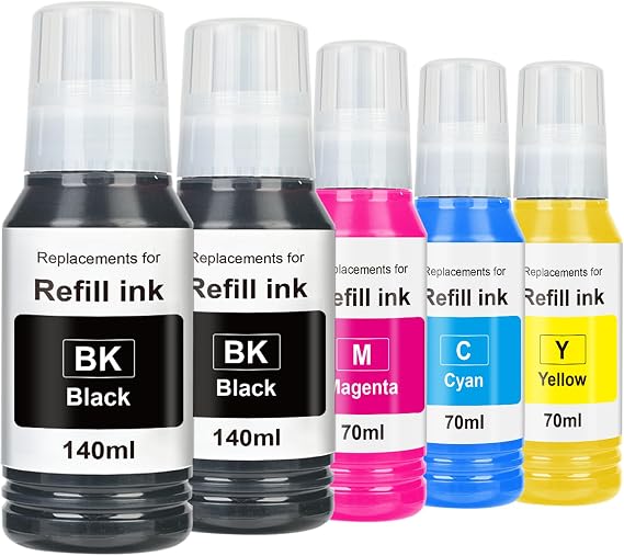 Replacement for Epson 502 Ink Refill Bottles (5 Bottles, 2BK,CMY) | Compatible for EcoTank ET-3850 ET-2850 ET-4850 ET-15000 ET-3760 Printer