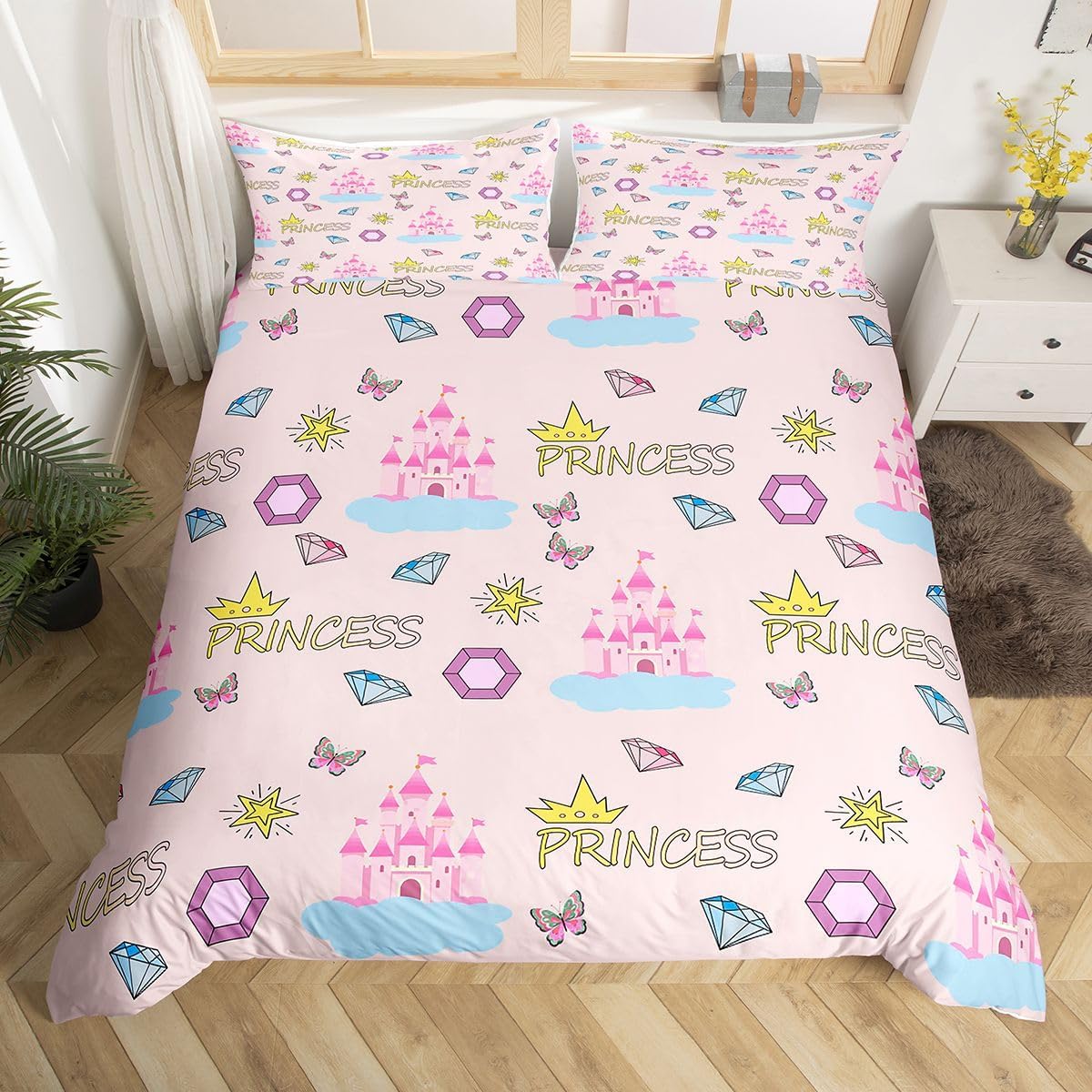 Princess Bed Linen Set 135 x 200 cm Pink Lock Duvet Cover Set for Boys Girls Fairy Tale Bedding Set 2 Pieces Dream Room Decor Pink Blue Breathable Soft Lightweight Microfibre
