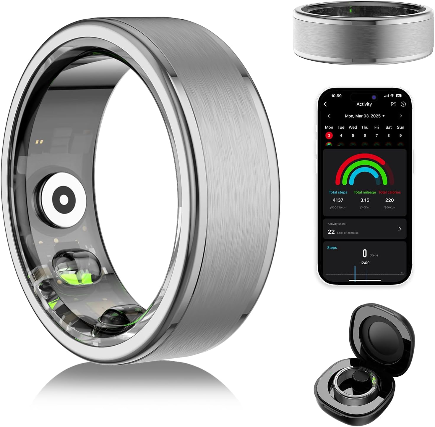 Smart Ring for Women Men - Fitness Tracker with Heart RateBlood OxygenStress MonitorStepsSleep Tracking, No App Subscription, 5ATM Waterproof Health Rings