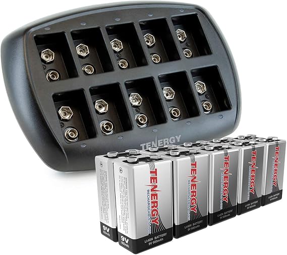Tenergy 9V Batteries 600mAh 10PCS Li-ion 9 Volt Rechargeable Batteries with 10-Slot Li-ion 9V Battery Charger for Smoke Alarm/Detector