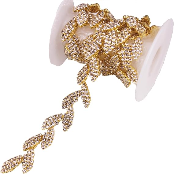 1 Yard Crystal Leaves Elegant Rhinestone Trimming for Bridal Dress Garment Sewing Trim DIY Fashion Accessories Rhinestone Chain (Gold)