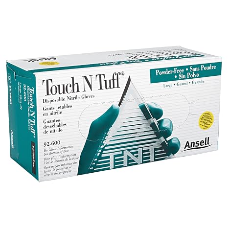 Ansell 92-600-8.5-9 Touch N Tuff Disposable Gloves, Powder Free, Nitrile, 4 mil, Size 8.5 - 9, Green