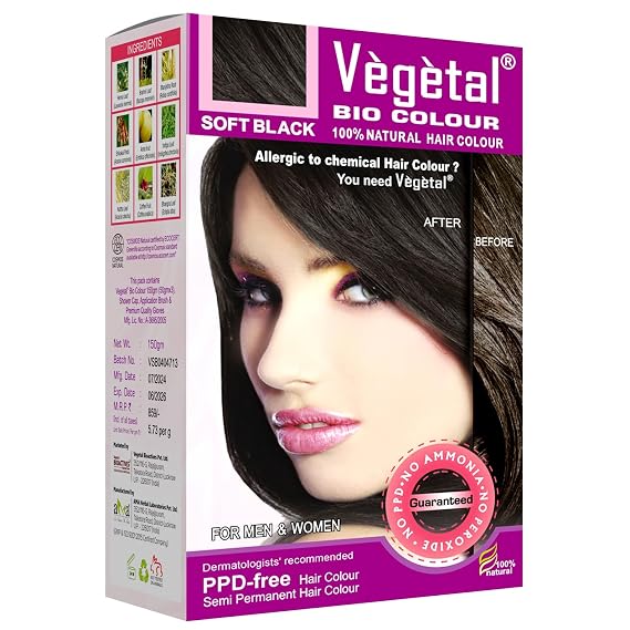 Vegetal Bio Hair Color - Soft Black 150g | Hypoallergenic Hair Color | Ammonia-Free, PPD-Free hair dye | Semi-Permanent Dye for Men and Women | Protects UV and Maintains Luster | Complete Kit Included