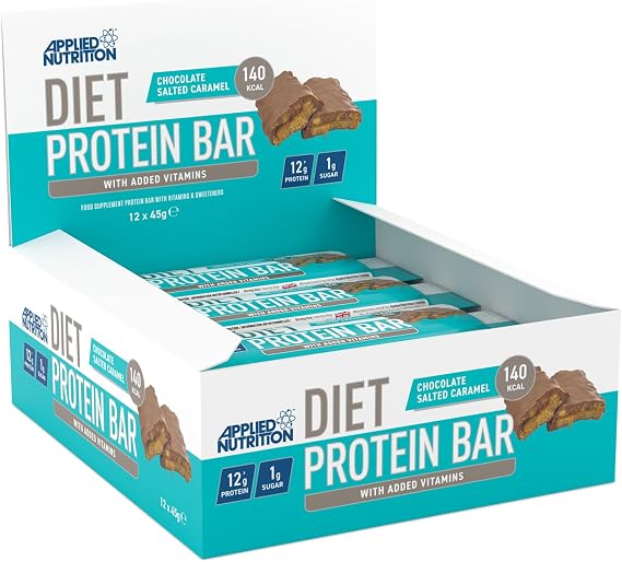 Applied Nutrition Diet Protein Bar, High Protein, Low Sugar Protein Snack Bar with Added Vitamins - Chocolate Salted Carmel (12 x 45g)