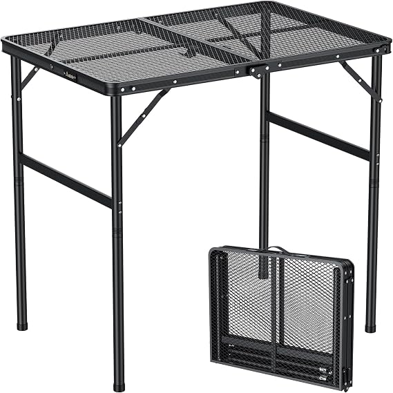 Anbte Portable Grill Table Max 29.5", 2 Adjustable Heights Folding Camping Table with Heat-Resistant Mesh Tabletop &Portable Handle, Waterproof, for Cooking BBQ Outdoor Patio, 31" X 22", Black