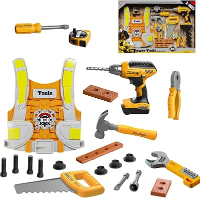 YEIBOBO ! Kids Tool Set, 21 PCS Pretend Play Toddler Tool, Electric Drill Toys, Tool Box with Construction Vest Saw Tape Measure Toys