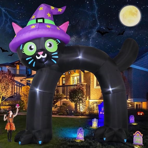 14FT Halloween Inflatables Outdoor Decorations Black Cat Arch Blow Up Yard Decoration with Built-in LED for Yard Garden Party Lawn