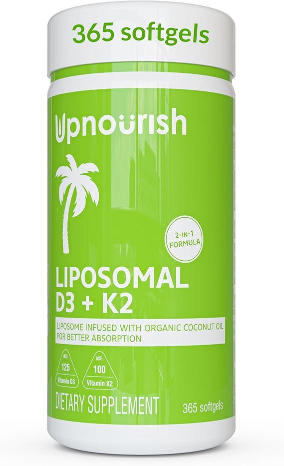 UpNourish Liposomal D3 K2 MK-7 365 Mini softgels with Organic Coconut Oil - 5000 IU 125 mcg Vitamin D3 and 100 mcg Vitamin k2 for Optimal Bone and Immune Health