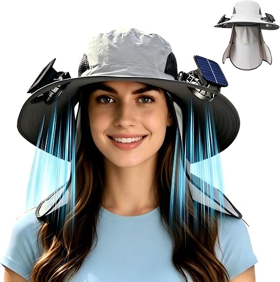 Solar Fan Hat for Men Women, 2026 Outdoor 3-in-1 Quiet Solar Powered Fan Hat, with Removable Neck Cap and Face Mask, UPF 50+ Bucket Fishing Hat (A)