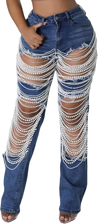 DINGANG Women's Cut Out Straight Leg Ripped Jeans with Rhinestones Pearl Bling Distressed Stretchy Denim Pants