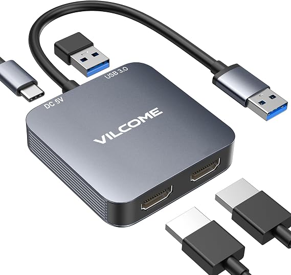 vilcome USB to HDMI Adapter, USB 3.0 to Dual HDMI Adapter, Audio Video Graphics Converter Cable for Laptop Monitor Desktop TV, Compatible with Mac OS, Windows