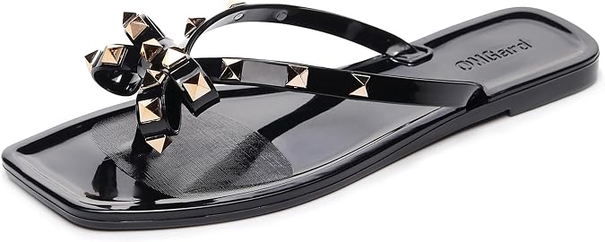 Studded Sandals for Womens Bow Flip Flops Jelly Shoes Beige Jellies Flat Size 9, Summer Beach Thong Slides with Rivets Dress Slippers Square Toe Slip On