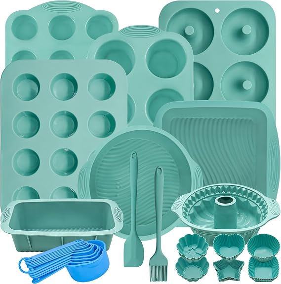 39 PCS Silicone Bakeware Set Nonstick Silicone Baking Trays Cake Pan Tin Set with Round Square Pan Donut Bread Loaf Muffin Sheet Cupcake Moulds