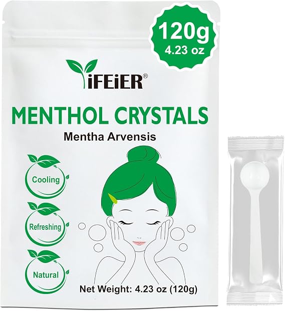 iFEiER 100% Pure Menthol Crystals 120g (4.23oz) | Organic and Natural Mint Crystals | Mentha Arvensis | for Foot Sprays, Candles, Soaks, Creams, Showers, Bath, Steam Rooms and Soap Making.