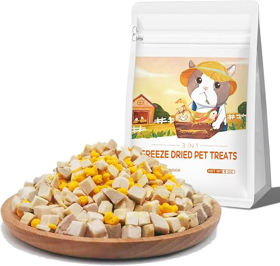 Freeze Dried Cat & Dog Treats 8OZ Chicken+Duck+Egg Yolk 3 in 1 Meat Snacks - High Protein, Bite-Sized, Training Treats for Cats and Dogs