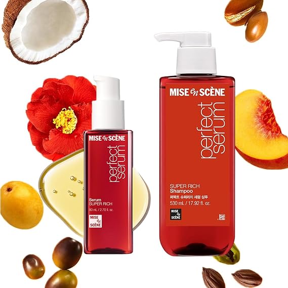 Mise En Scene Perfect Super Rich Serum and Shampoo with Argan Oils Hair Essence for High Nutrition Intensive Care, Korean Hair Oil, orean Shampoo for Severely Damaged Hair | Anti-Frizz, Hydrating, N