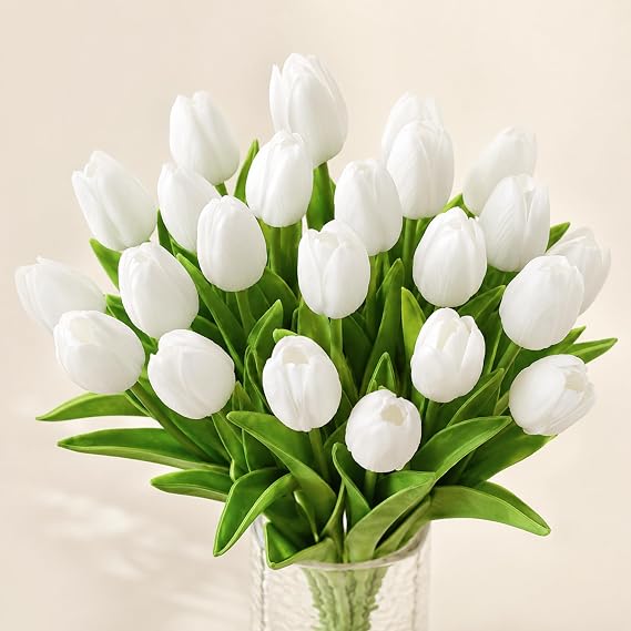 White Artificial Tulips 20PCS Real Touch Faux Flowers Vase Decor