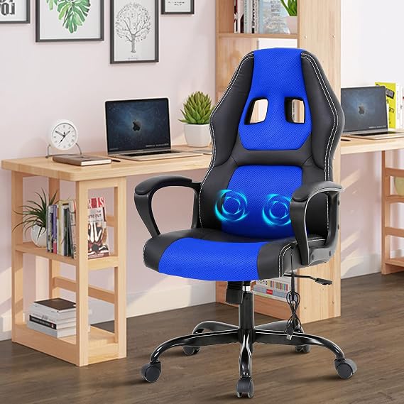 Offcie Chair PC Gaming Chair Racing Style Computer Chair with Padded Armrest, Ergonomic Home Desk Chair with Lumbar Support Headrest, Modern Massage Rolling Swivel Task Chair, Blue