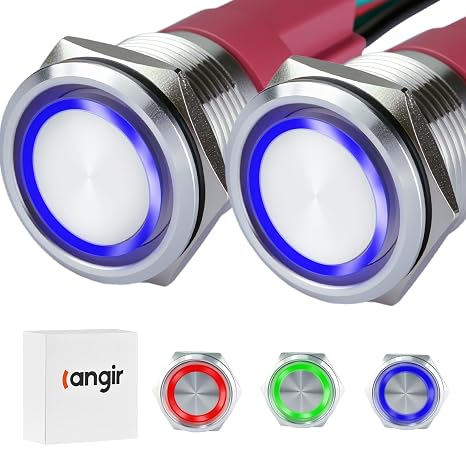 15Amp Momentary Push Botton Switch 2PCS,22mm(0.866)12V-24V Stainless Steel AC/DC IP67 Waterproof With Blue LED Angel Eye Light On and Off With Wire Socket.