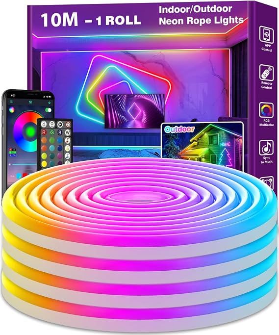 NUERPO 10M Led Neon Strip Lights,Flexible Led Rope Lights,IP65 Outdoor RGB Neon String Lighting,Control with App/Remote,Multiple Modes,Music Sync Gaming Strip Light for Bedroom Indoor [Energy Class A]