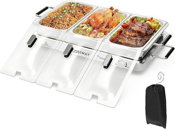 COSTWAY Buffet Servers and Warmers, 2 in 1 Electric Warming Tray | 450W Stainless Steel Chafing Dish, Temperature Control, 3 Serving Trays, 8Qt Food Warmers Station for Parties Banquets Events
