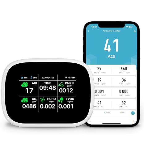 Smart Air Quality Monitor Indoor, WiFi Air Quality Tester with APP Remote Control for AQI CO2 PM2.5 HCHO TVOC Temperature Humidity, Wall-Mounted Air Detector for Home Office Black
