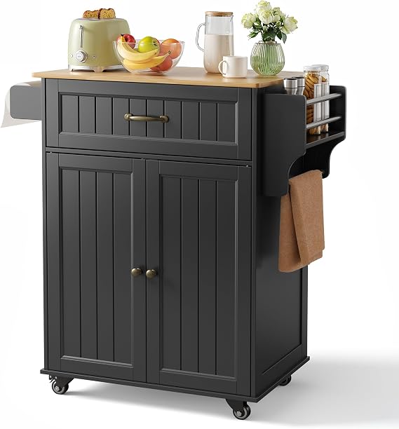 Bealife Kitchen Island on Wheels, Kitchen Trolley with 1 Drawer, Adjustable Shelf, Towel Rack, for Dining Room, Living Room, 84 × 45 × 85 cm (Black)
