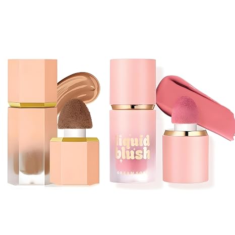 Beauty Searcher Liquid Blush & Contour Makeup Set Soft Lightweight Breathable Feel Built-in Sponge Lace Face Makeup Gift Set (#Rouge 01+Contour 01)