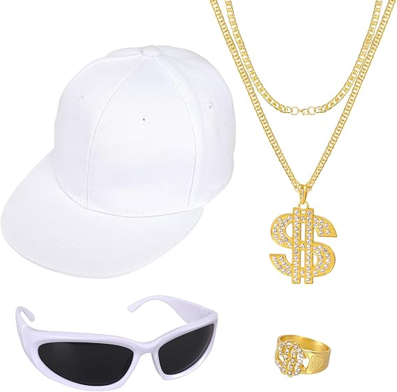 phnydreg 4Pcs Hip Hop Costume Set 80s 90s Rapper Hat Chain Ring Sunglasses for Men Women Halloween Party Outfit