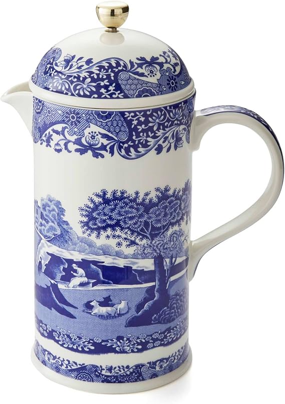Spode Blue Italian French Press | 28-Ounce Capacity | Espresso, Coffee, and Tea Maker | Porcelain Cafetiere | Stainless Steel Plunger | Dishwasher Safe (Blue/White)