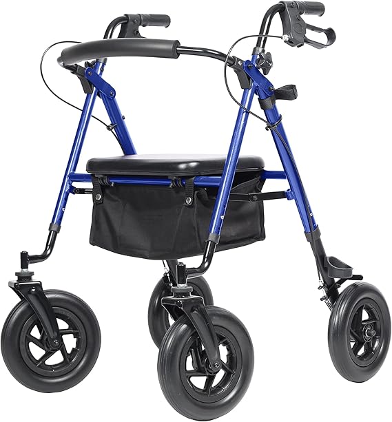 ELENKER All-Terrain Rollator Walker with 10 Rubber Wheels, Padded Seat & Backrest, Under-seat Basket for Seniors (Blue)