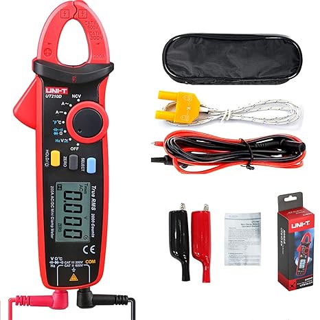 UNI-T UT210D Mini Digital Clamp Meter 200A AC DC Current True RMS Pliers Ammeter Voltage Frequency Temperature Tester Multimeter with Alligator Clip, Red&Black