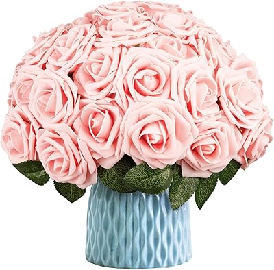 MassaMAX Artificial Roses Flower in Bulk, 25pcs Real Looking Flower Arrangement with Stem and Heads for DIY, Home Decoration, Wedding, Living Room Pink, no Vase
