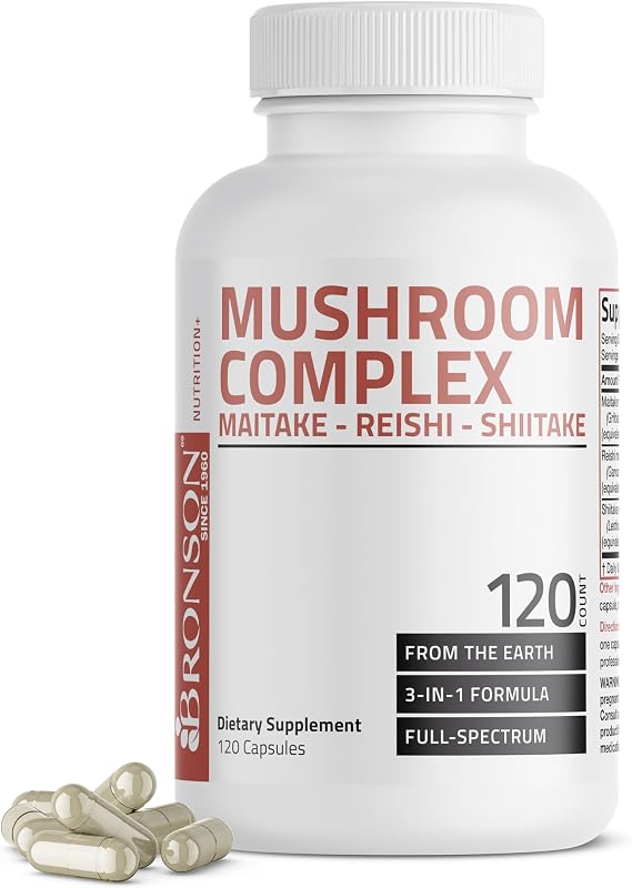 Bronson Triple Mushroom Complex - Maitake - Reishi - Shiitake - Powerful Antioxidant and Immune System Booster - Full Spectrum Mushroom Complex - 600 mg Capsules - 120 Count