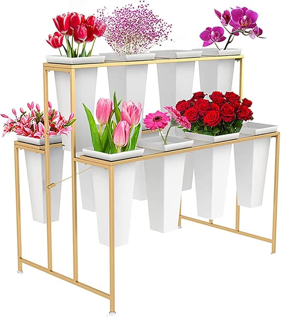 Flower Display Stand with 12 Buckets, 3 Layers Flower Cart for Indoor Outdooe,Flower Stand Plant Stand Metal, Florist Bouquet Shelf for Garden Home Patio Florist