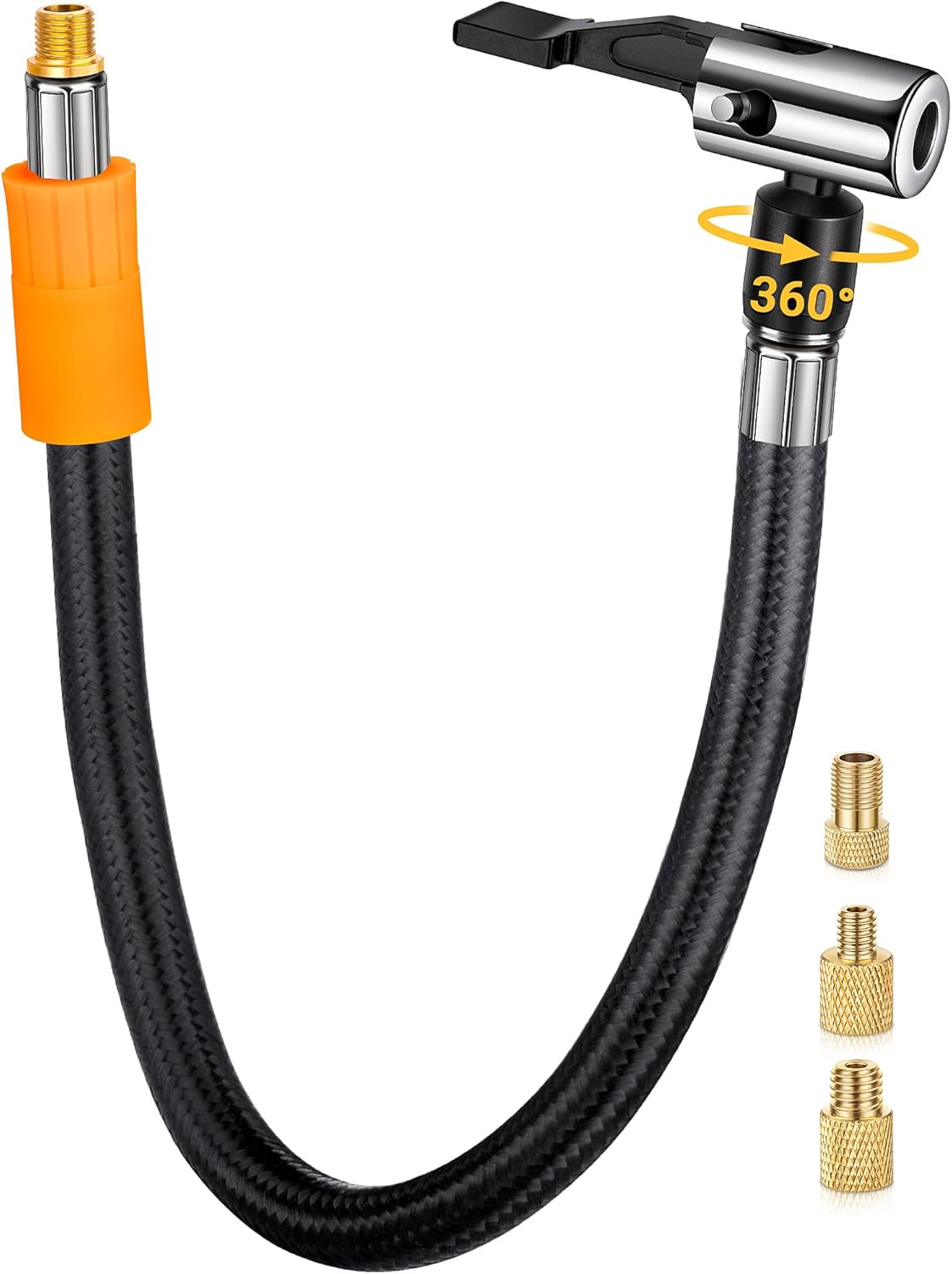 LUMITECO Tire Inflator Hose Adapter with 360-Degree Swivel Tire Air Chuck, 11 Inch Lock On Air Hose with Rotating Nozzle & Converting Nuts, Schrader Valve Adapter for Tire Pump Connect Air Compressor