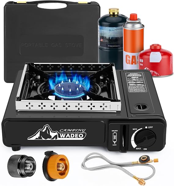 WADEO Three Fuel Portable Camping Stove with Windblocker, 3 in 1 Propane Butane Isobutane Stove with Carrying Case and Stainless Steel Hose Adapters, Gas Camp Stove for Cooking, BBQ, Travel RV, Hiking