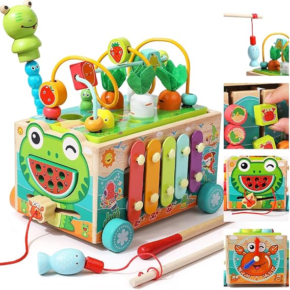 Jaunty Montessori Toddler Activity Cube Toy for Baby Girl Boys 1 2 3 Years Old, Educational Fine Motor Skill Preschool Learning Game for Kids 1-3, Shape Sorting Toy Gifts for Christmas Birthday Brown