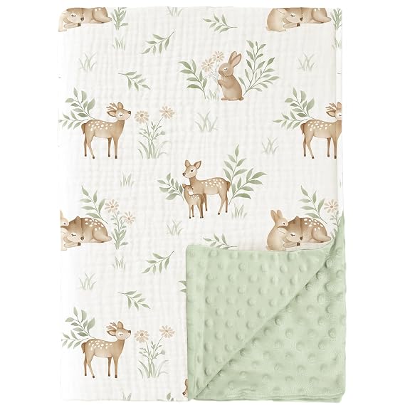 Konssy Soft Muslin Baby Blanket for Unisex Boys & Girls, 30 x 40 Inch | Cotton Front with Dotted Fleece Back, Suitable for Receiving, Swadding, Nursery, from Newborns to Toddlers (Woodland)